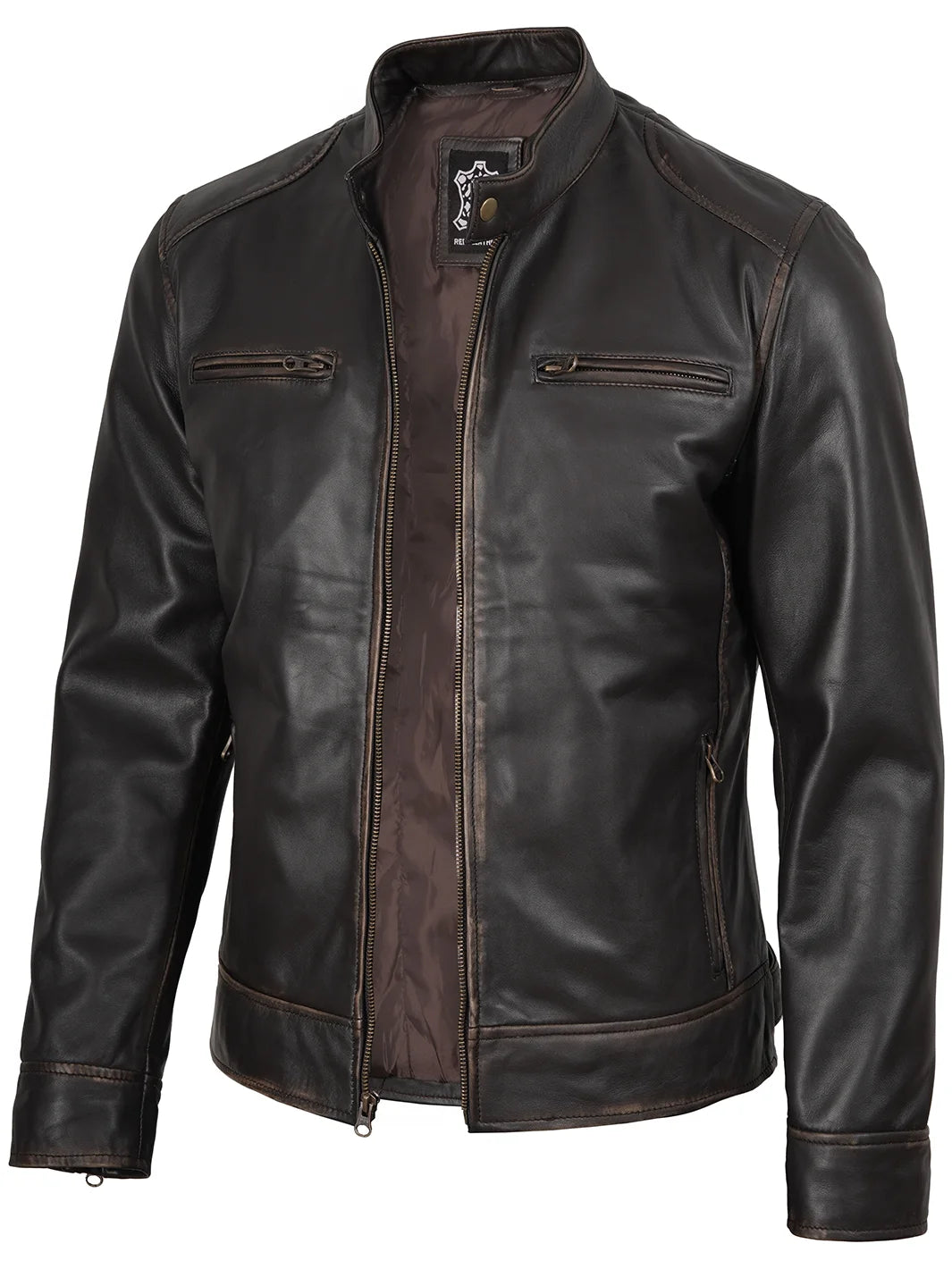 Dodge Men's Rub Off Dark Brown Leather Jacket | Biker Style – Decrum