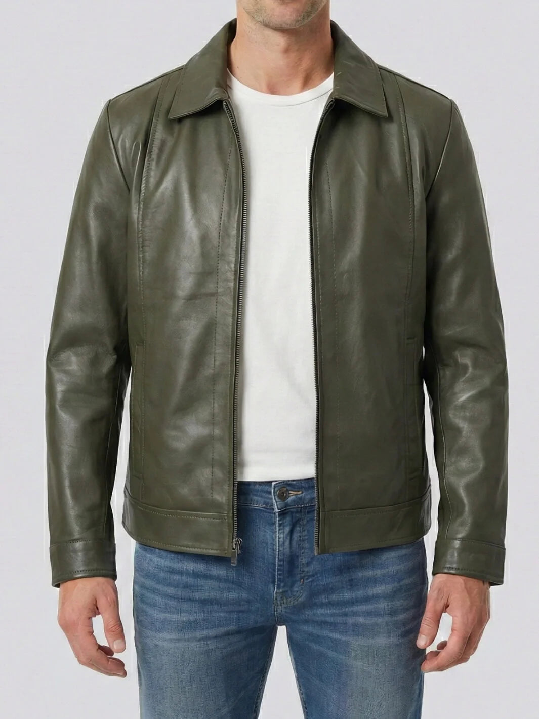 Men's Dark Green Harrington Leather Jacket – Decrum Men's Dark Green Harrington Leather Jacket – Decrum