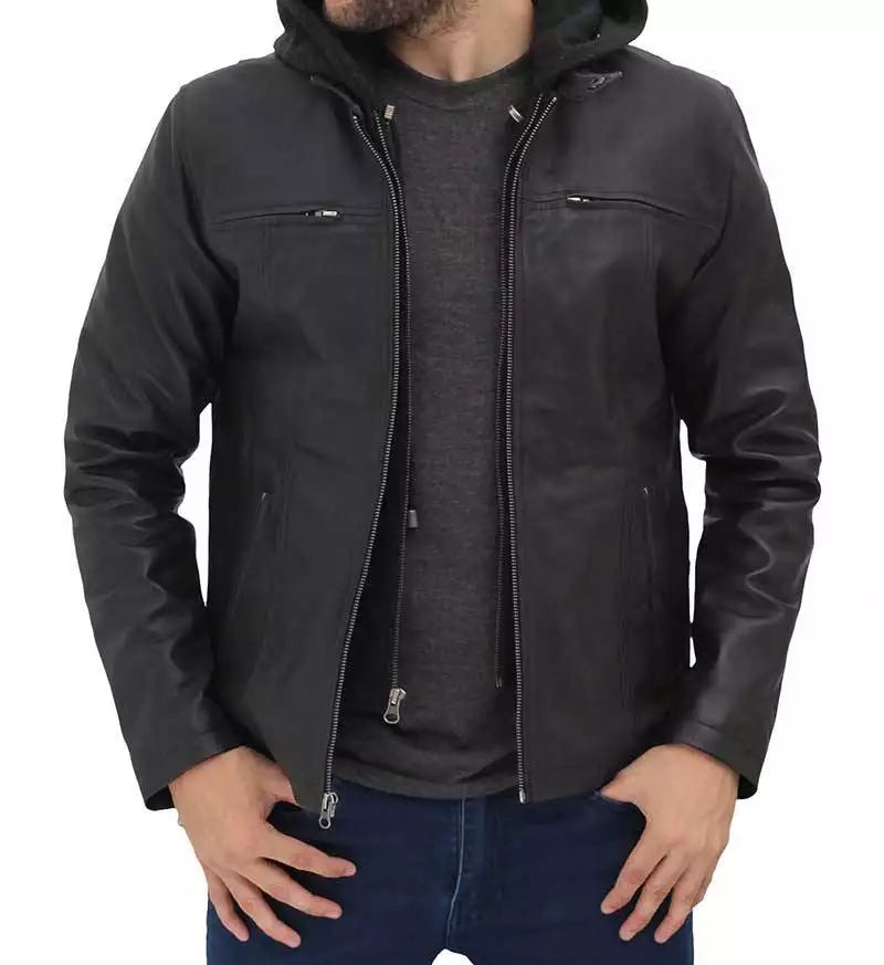 HOOD CREW Veste De Motard En Cuir Synthétique Pour Homme - Style Décontracté Avec Capuche Amovible