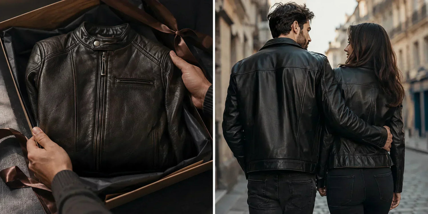 Couple celebrating their third wedding anniversary with matching premium leather jackets, symbolizing lasting love and durability.