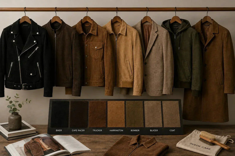 Vestes en daim noir, marron, camel et olive sur un portant