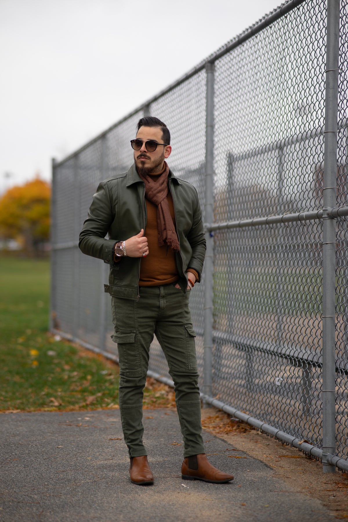 Blouson en cuir vert foncé véritable pour l'automne