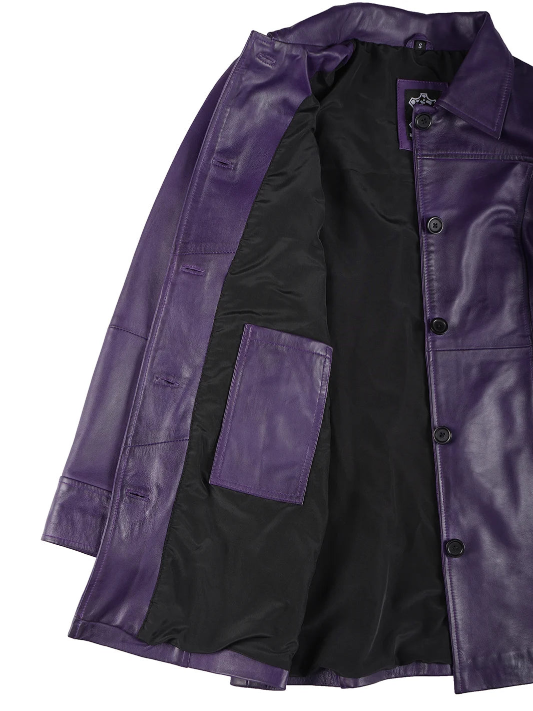 Purple leather jacket with black shirt underneath on a white background