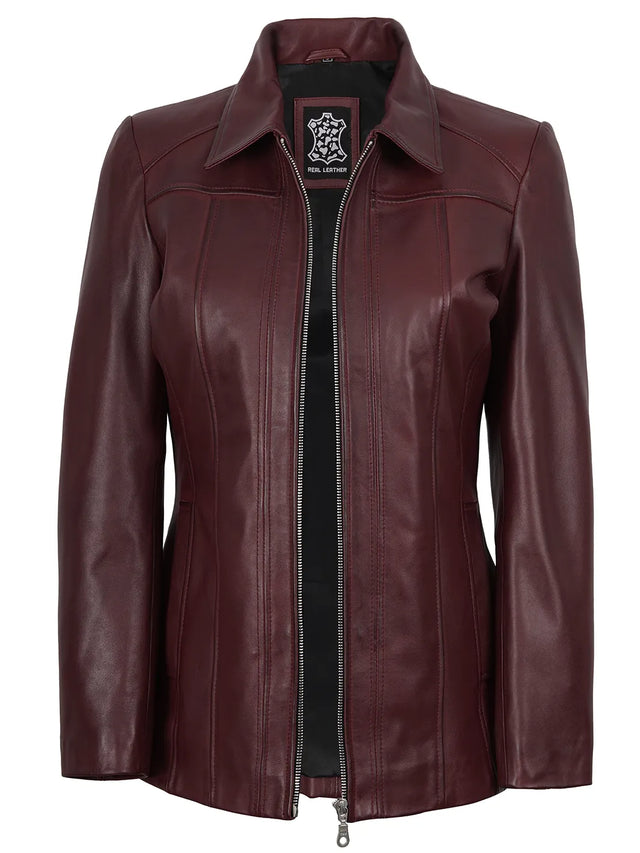 Women's burgundy real leather car coat