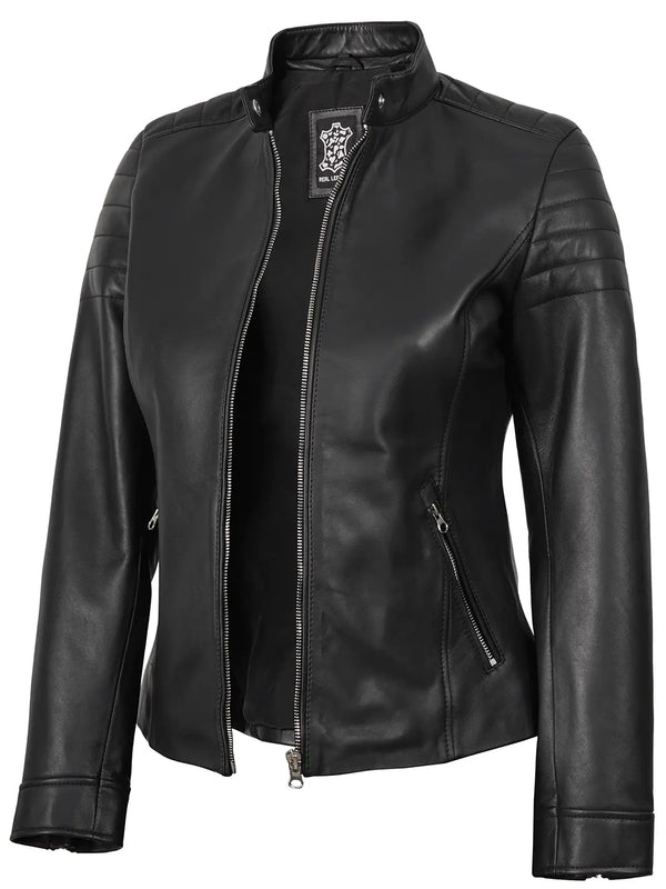 Women's Black Cafe Racer Leather Jacket
