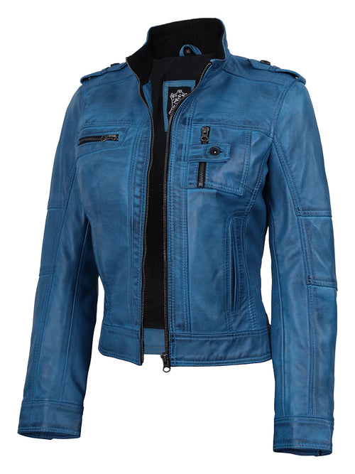 Blouson Biker en cuir bleu vif pour femme – style vintage