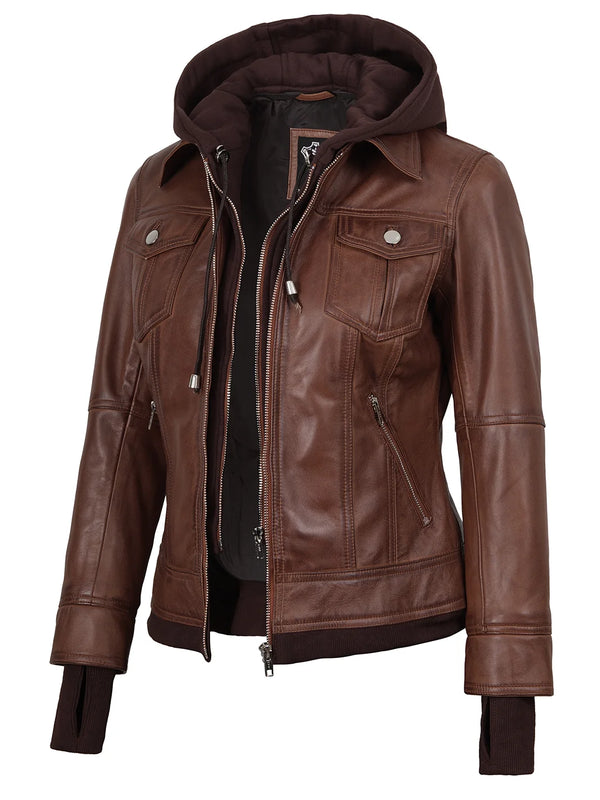 Dark Brown Women's Bomber Jacket with Removable Hood