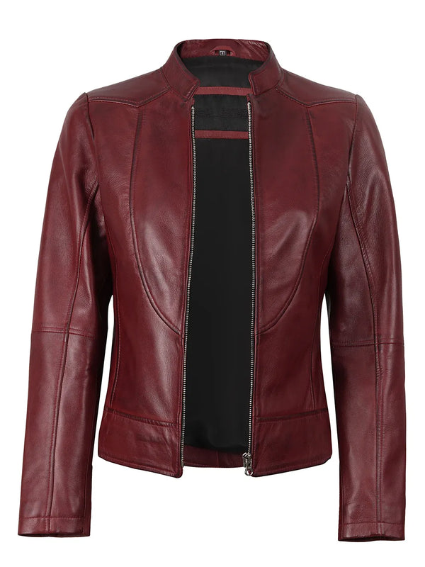 Amy Womens Burgundy Cafe Racer Leather Jacket