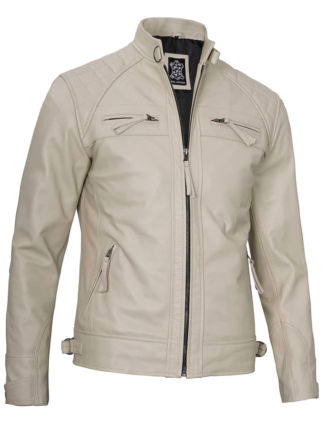 Beige cafe racer leather jacket for men