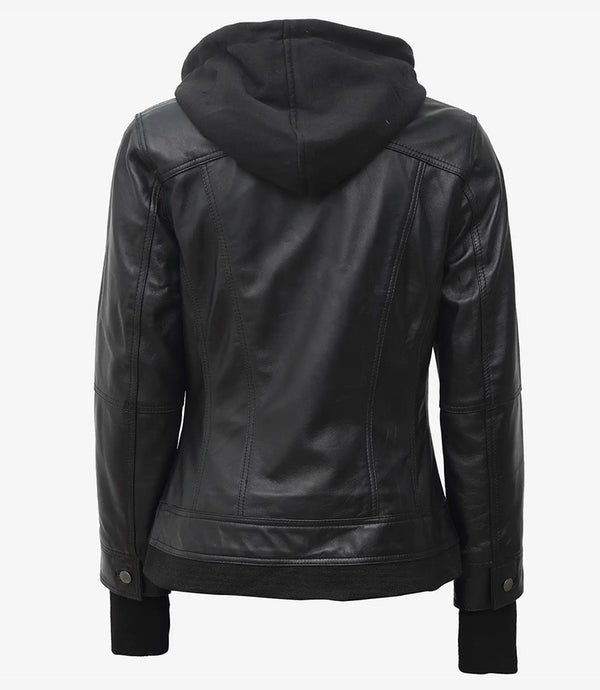 Real Leather Womens Black Bomber Jacket with Removable Hood – Decrum