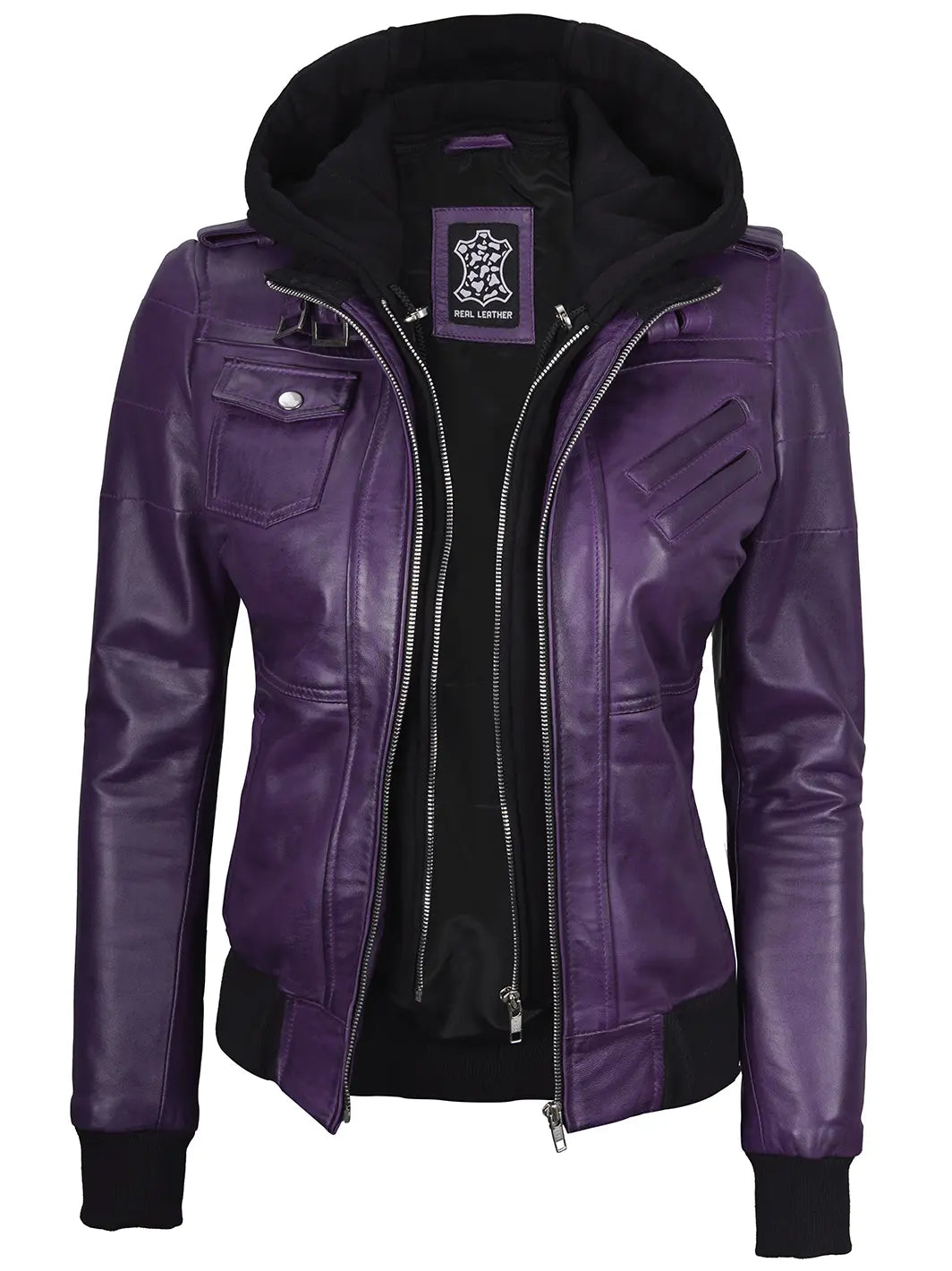 Bomber hooded leather jacket women