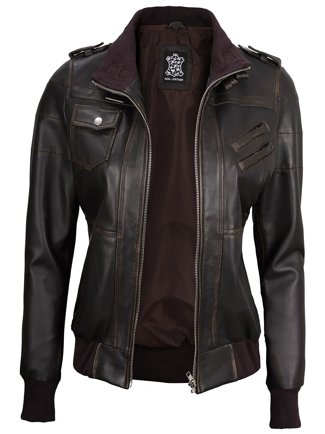 Bomber leather jacket with hood