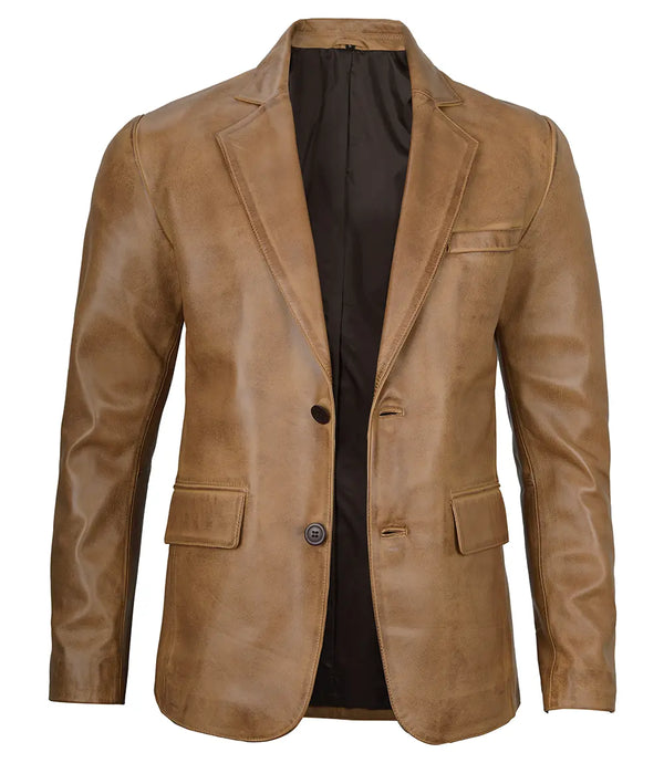 Camel Brown Real Leather Two Button Blazer