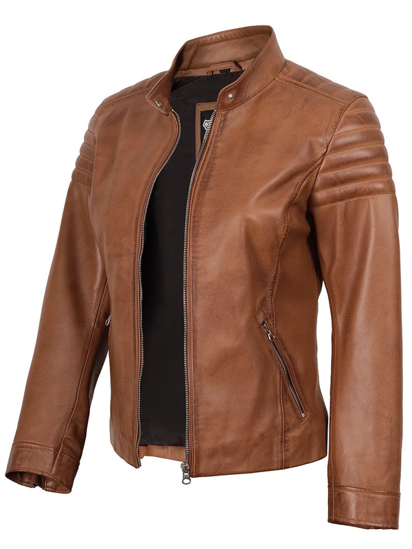 Tan Brown Cafe Racer Leather Jacket Womens