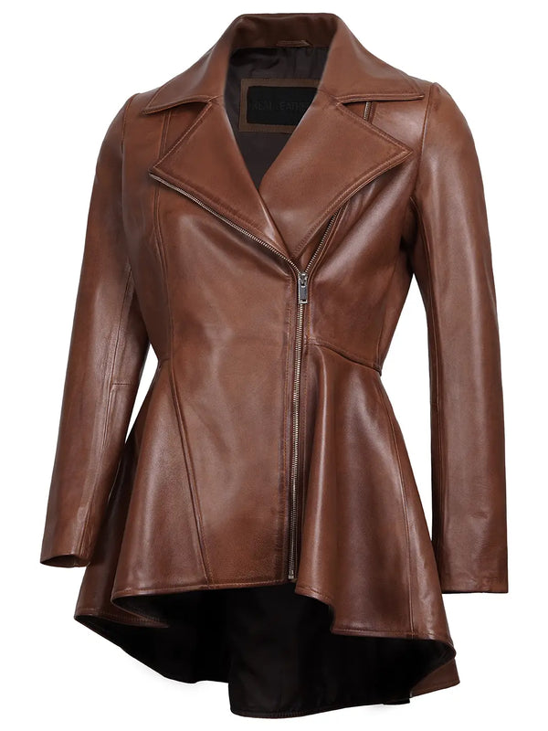 Clarissa Womens Cognac Wax Peplum Leather Jacket