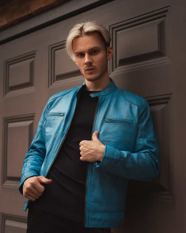 Dodge Men's Cafe Racer Style Blue Leather Jacket