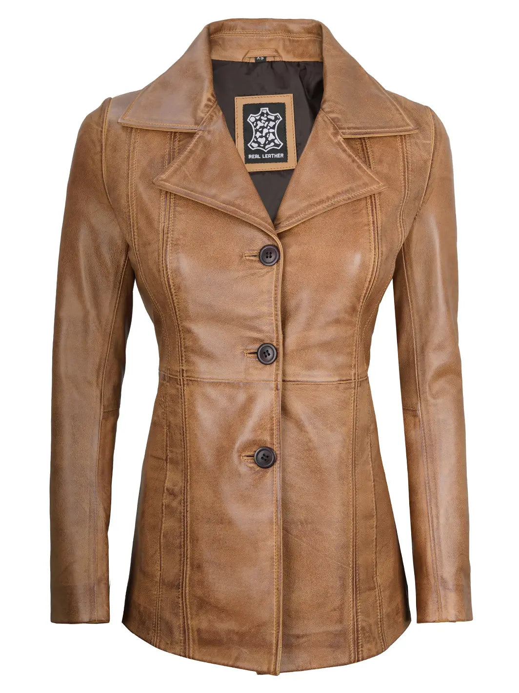 Women camel brown leather blazer