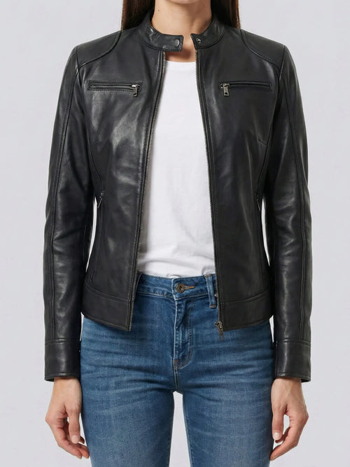 Dodge Women's Black Lambskin Biker Style Leather Jacket