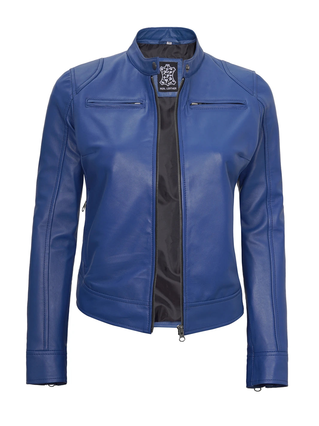 Dodge Womens Blue Leather Cafe Racer Jackets