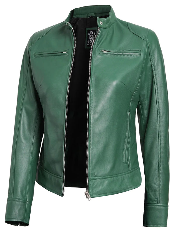 Dodge Womens Motorcycle Green Real Leather Jackets