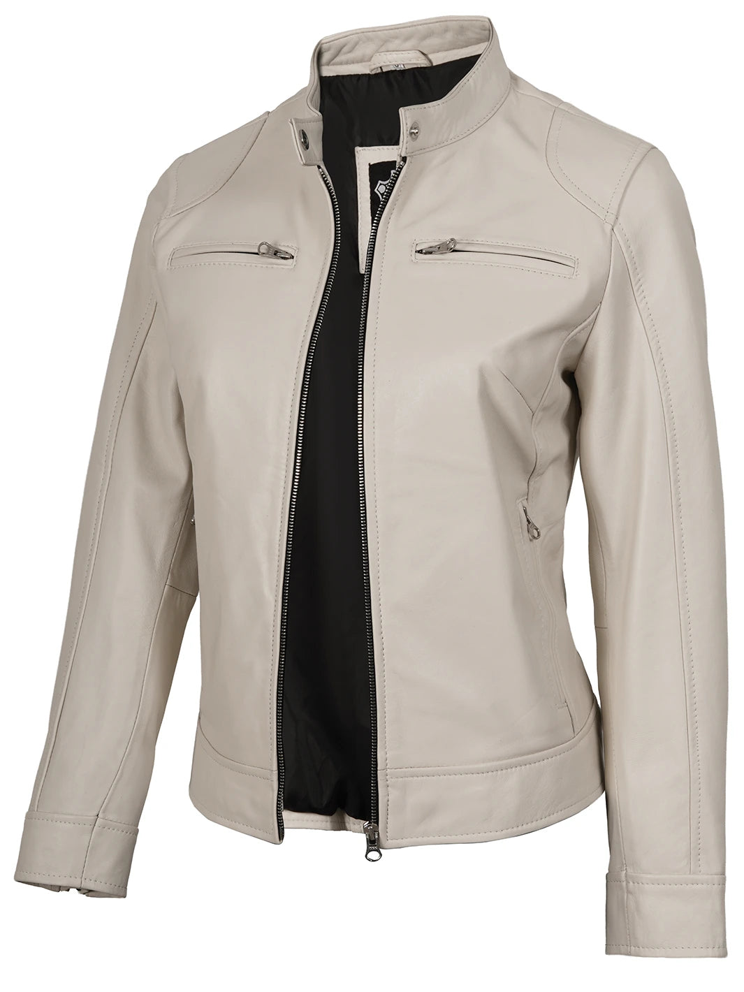Dodge Womens Off White Cafe Racer Leather Jacket