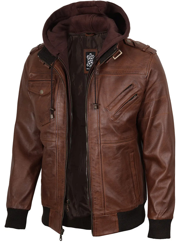 Edinburgh Mens Brown Bomber Leather Jacket With Removable Hood