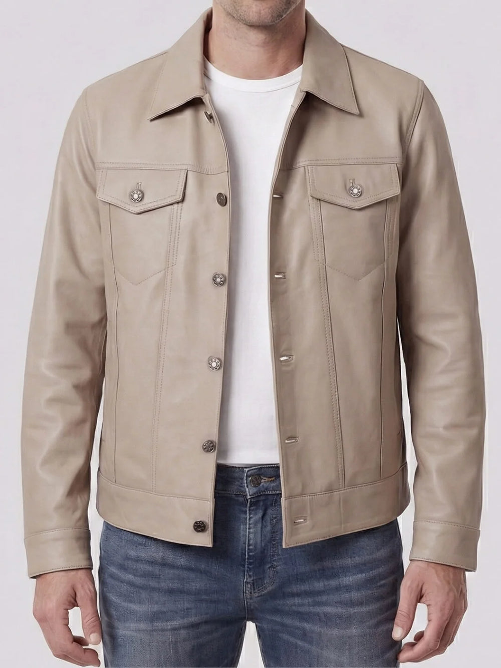 Beige jacket worn by a person on a white background