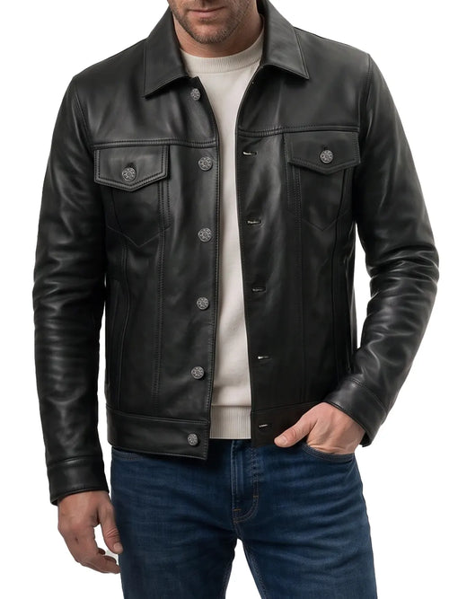Fernando Mens Black Real Leather Trucker Jacket - Front