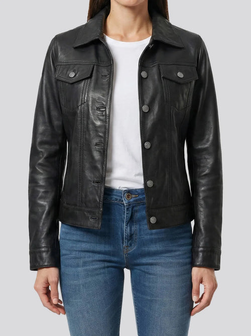 Person wearing a black leather jacket over a white shirt and blue jeans on a light gray background