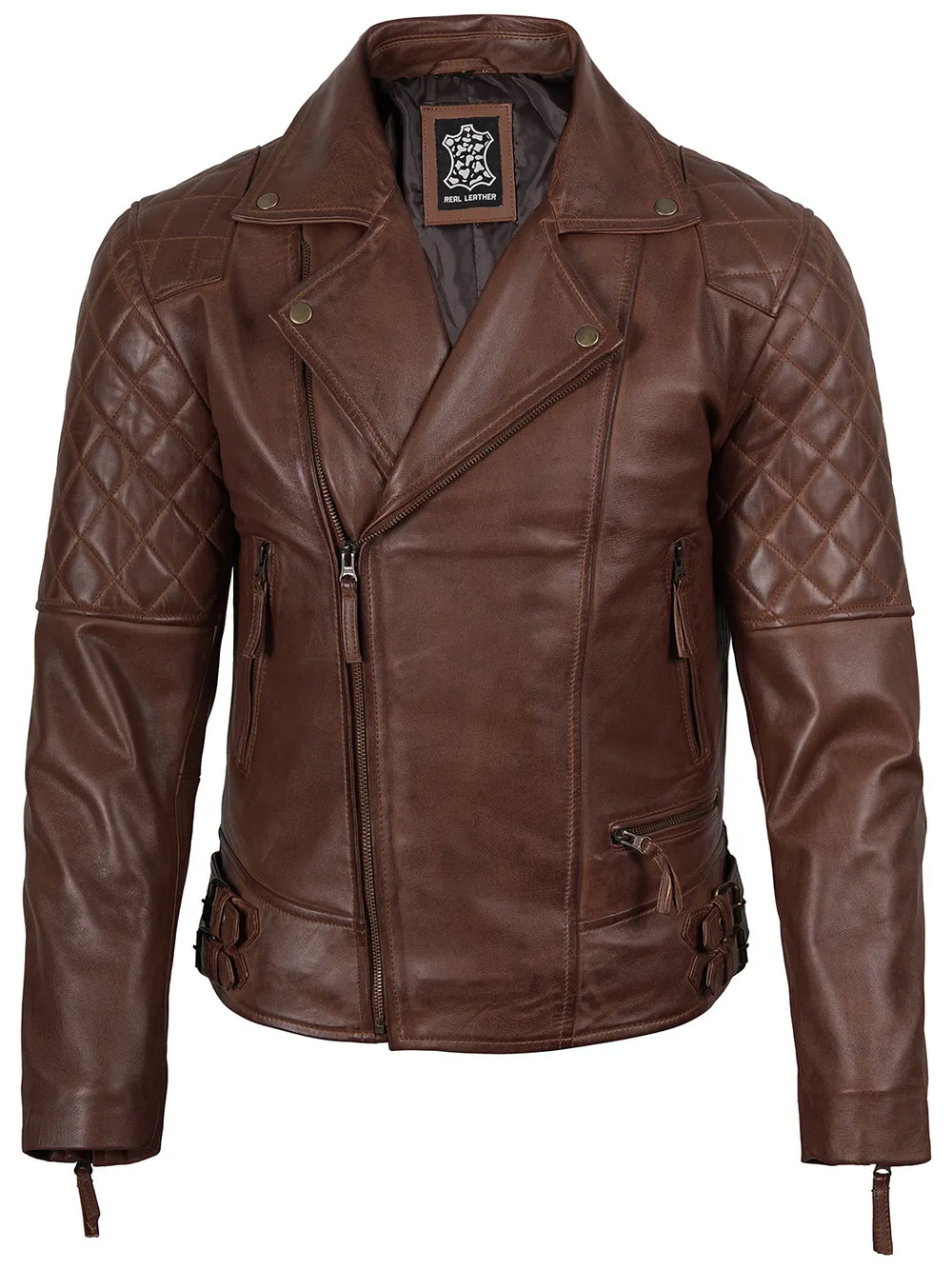 Frisco Mens Dark Brown Quilted Asymmetrical Leather Biker Jacket