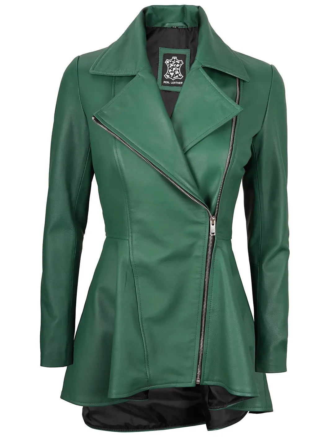 Green peplum leather jacket