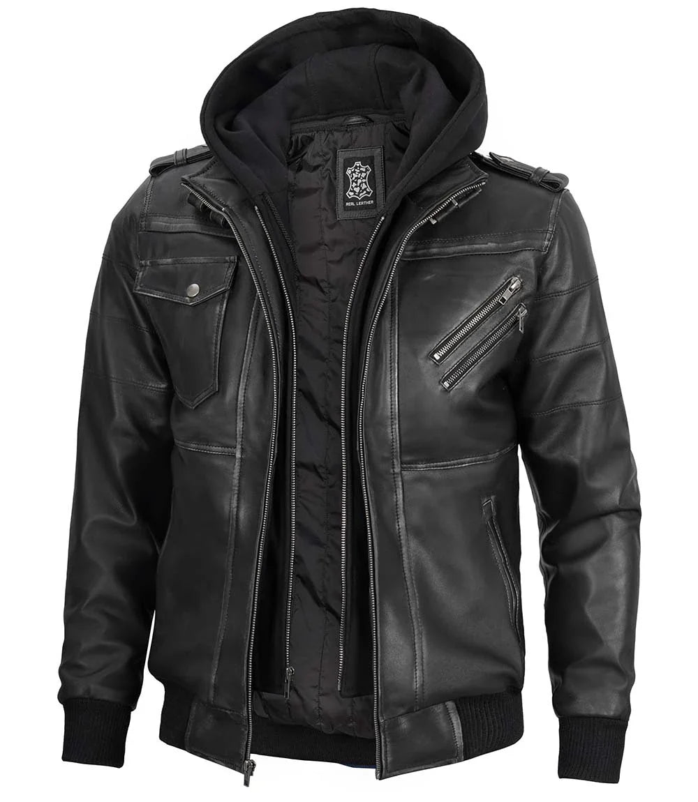 Grey Mens Leather Bomber Jacket with Removable Hood