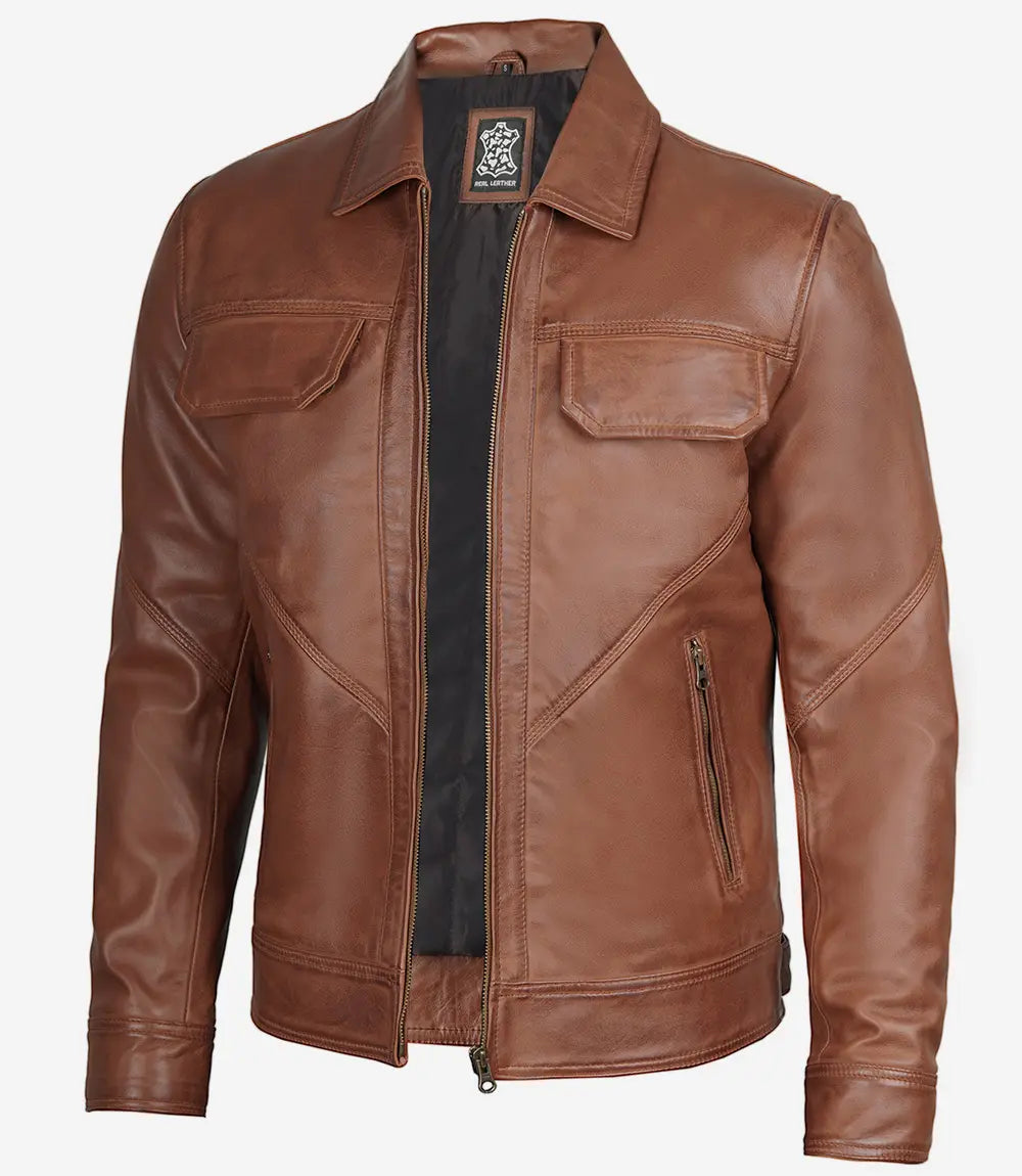 Harrington Style Mens Cognac Leather Jacket