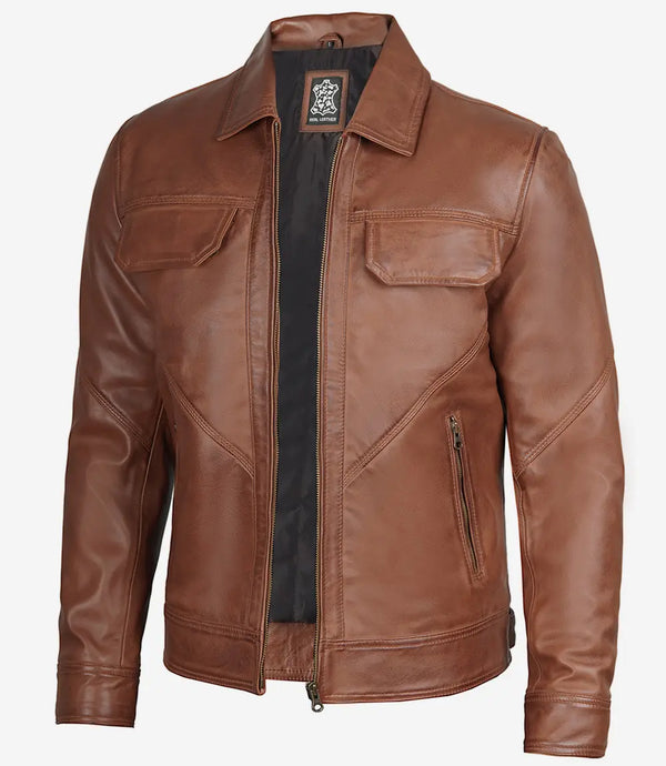 Harrington Style Mens Cognac Leather Jacket