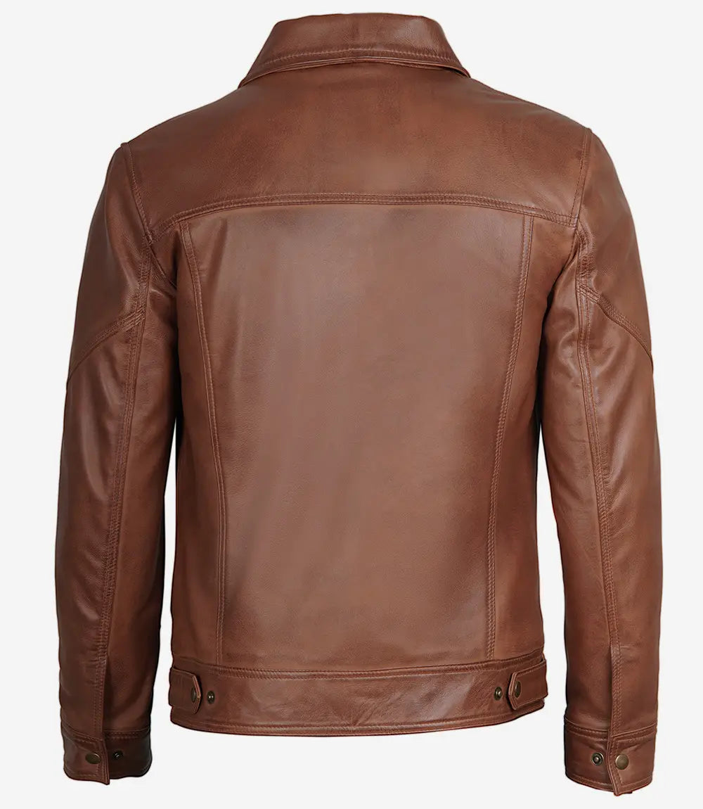 Harrington Style Mens Leather Jacket Cognac