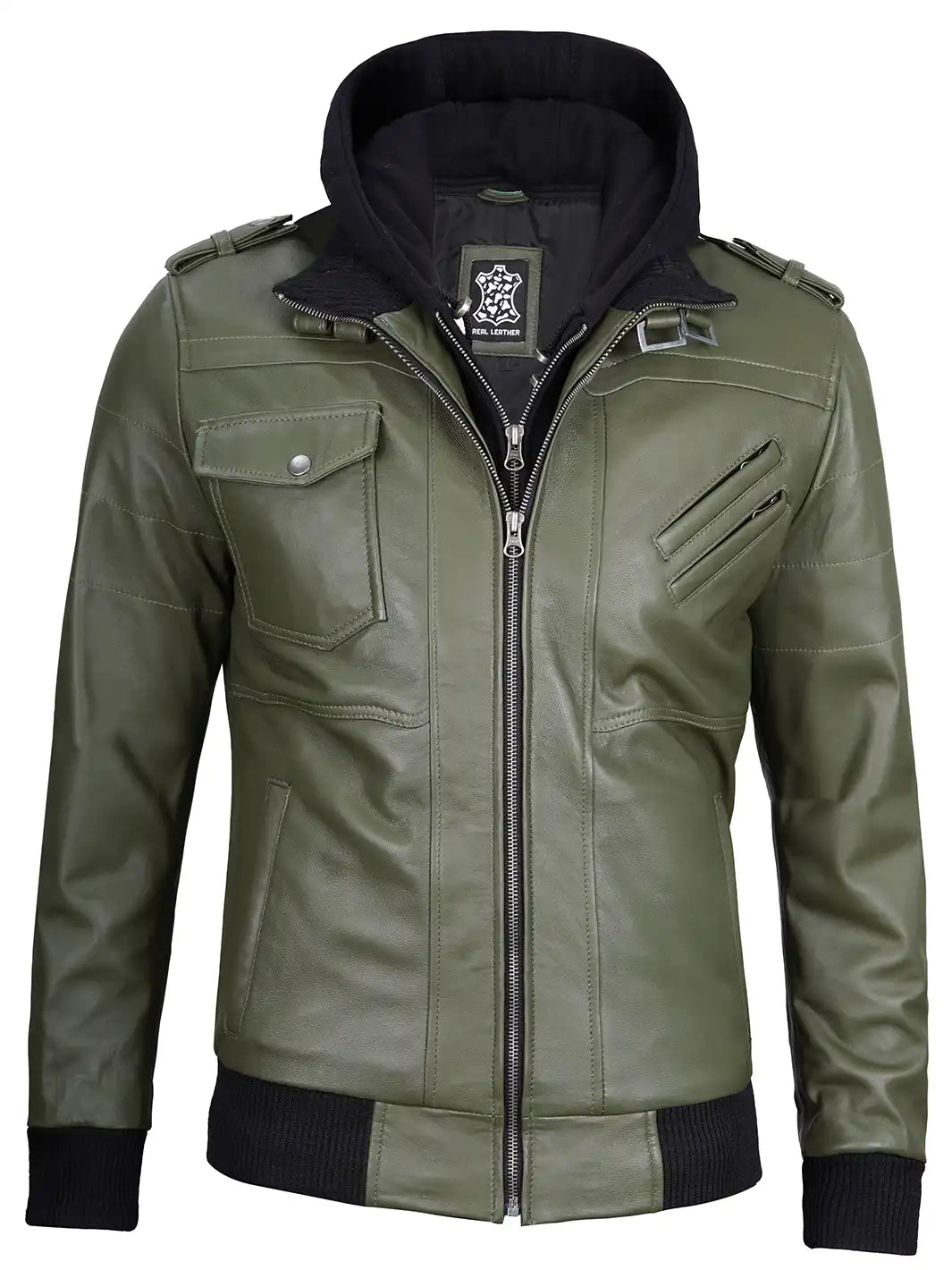 Hooded Green Leather Jacket