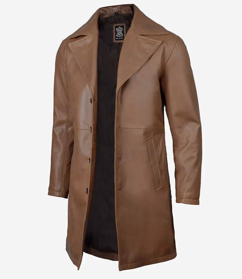 Men's 3 4 Length Brown Leather Car Coat
