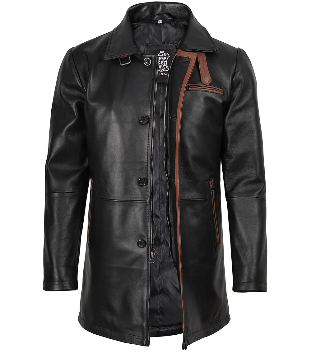 Black leather coat with brown accents on a white background