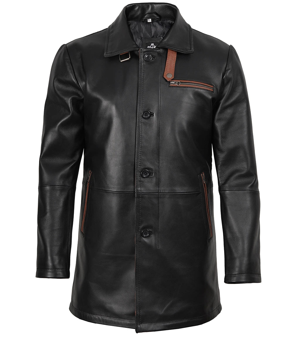 Black leather coat with brown zipper details on a white background