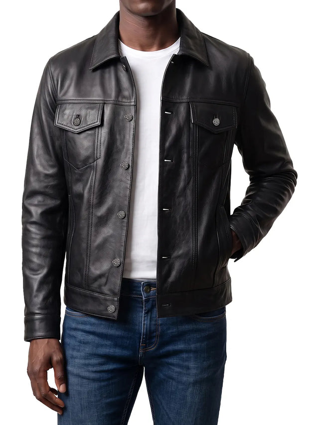 Men's Fernando black real leather trucker jacket