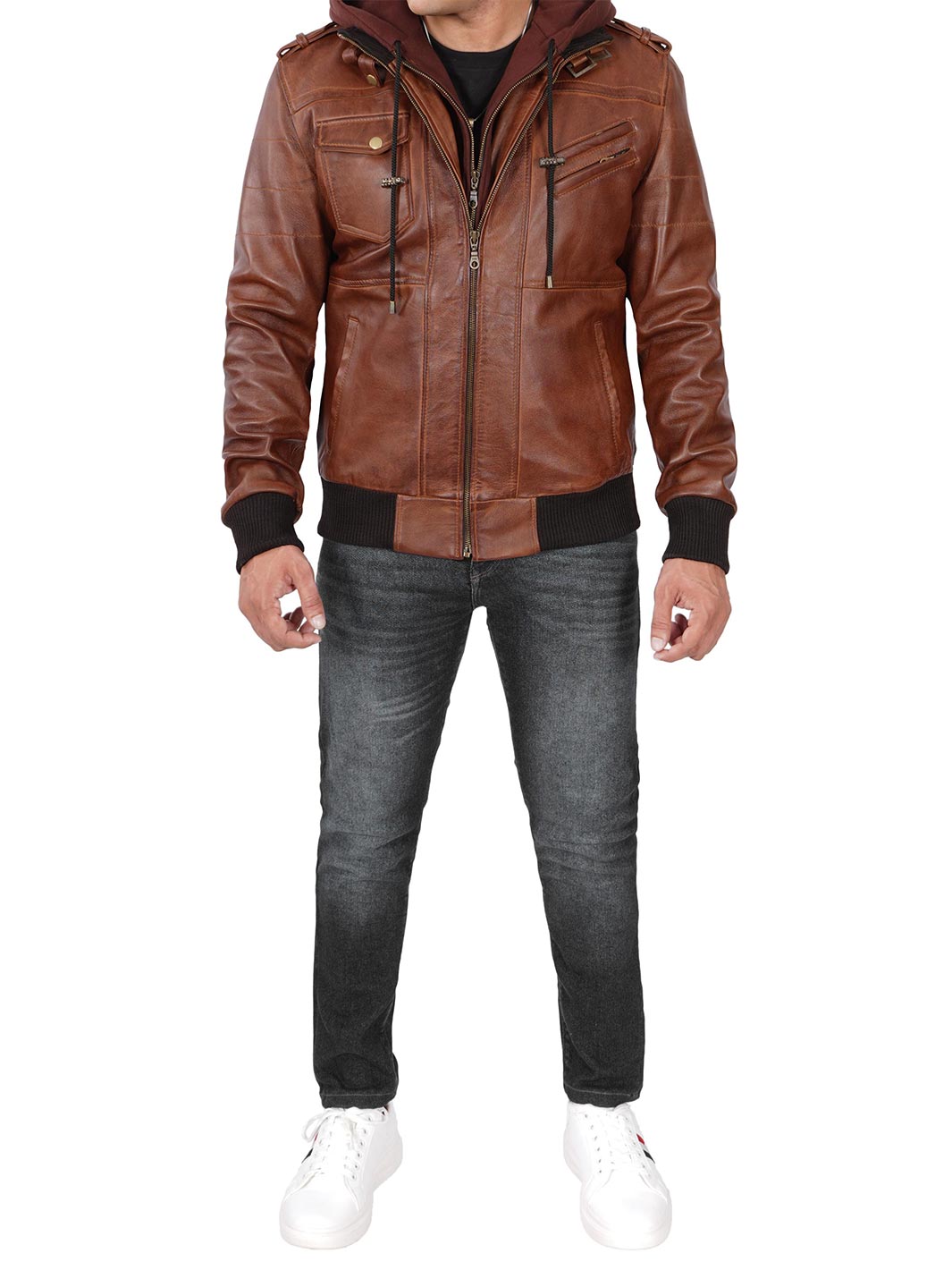 Mens Brown Leather Jacket with hood