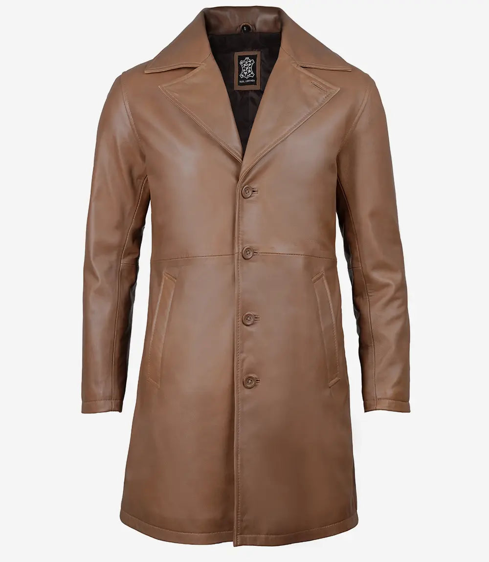 Mens 3 4 Brown Leather Car Coat