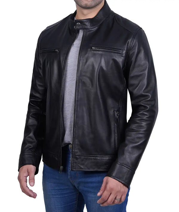 Mens Black Cafe Racer Leather Biker Jacket