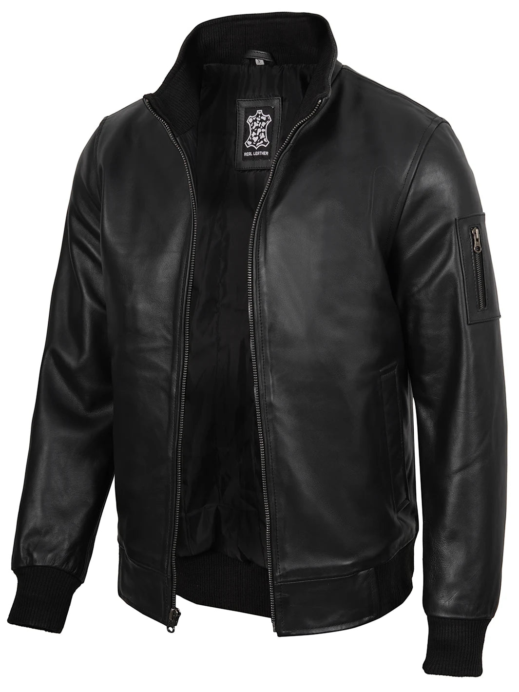 Mens Black Real Cowhide Leather Jacket Bomber