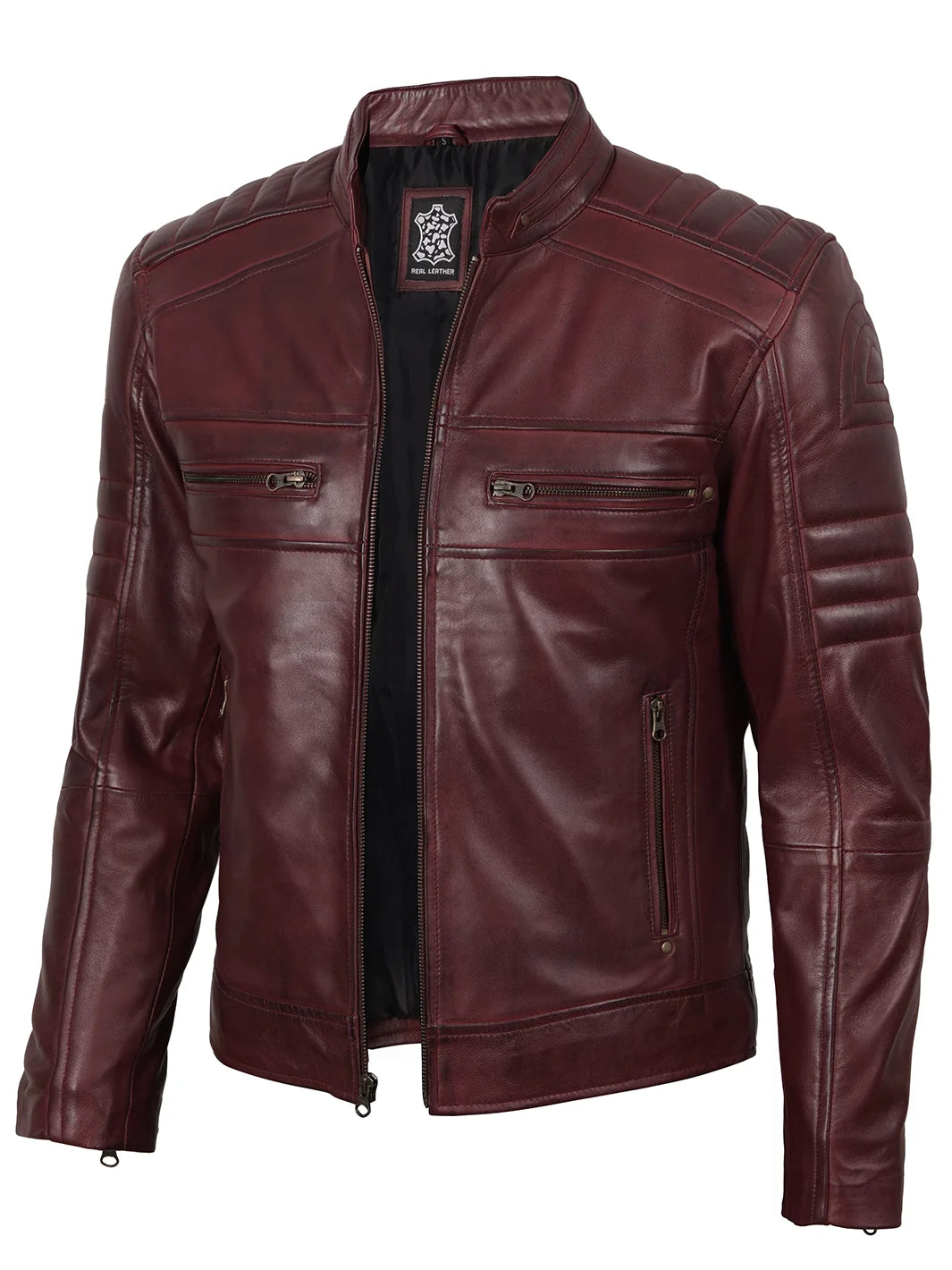 thumbnail image 2 of Cafe Racer Jacket Decrum Men's Cowhide Leather Jacket - Casual Cafe Racer Style Brown Leather Jacket Ww1 Commemorative Coin 2 of 13