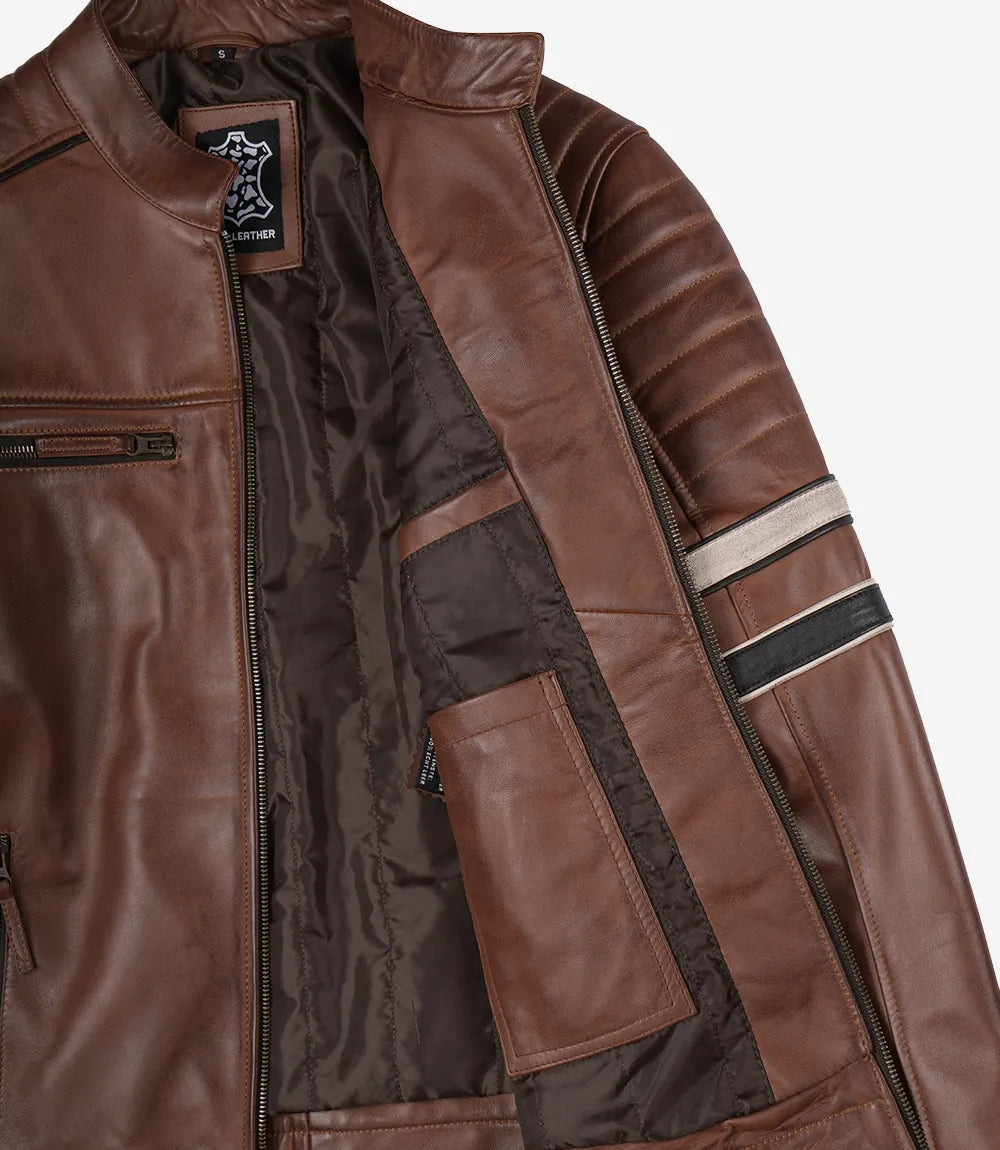 Mens Cognac Brown Biker Style Leather Jacket Features