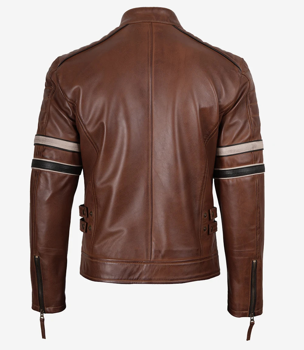 Mens Cognac Brown Leather Biker Jacket with Black and Beige Stripes
