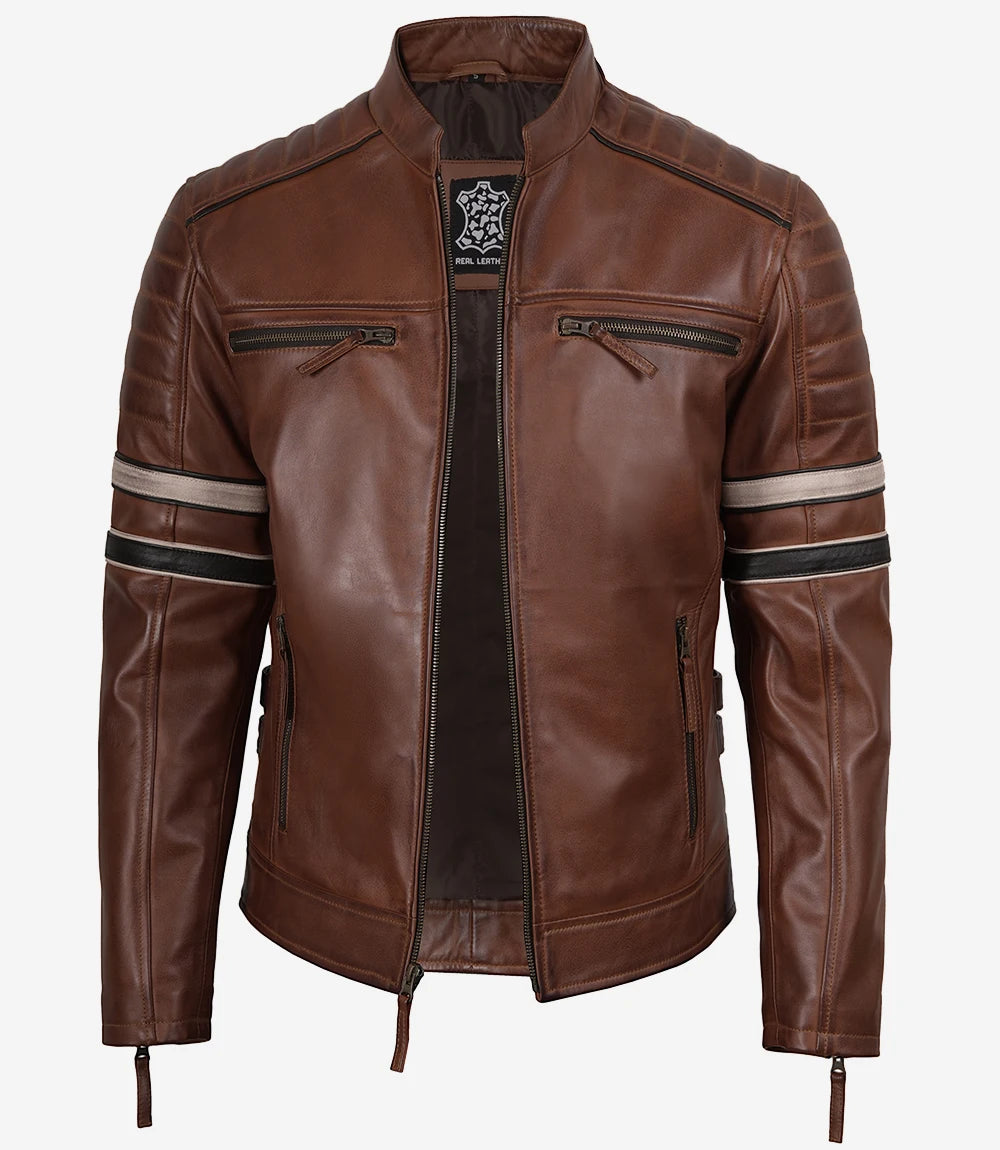 Mens Cognac Brown Leather Biker Jacket with Dual Stripes