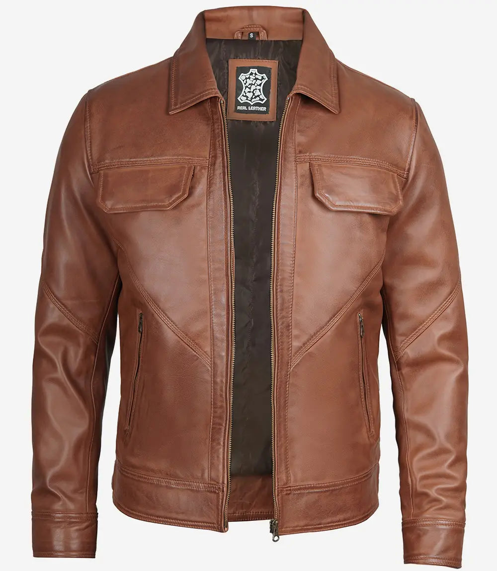 Mens Cognac Brown Leather Jacket Shirt Collar