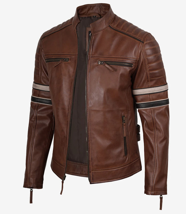 Mens Cognac Brown Leather Racer Jacket with Black and Beige Stripes